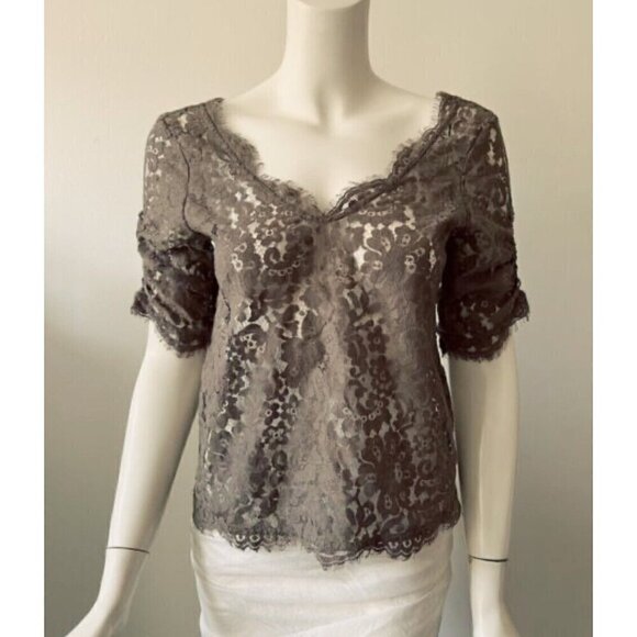 Joie Sz S Olive Brown Deep V Sheer Scalloped Eyelash Lace Top Blouse Ruched - Picture 2 of 12